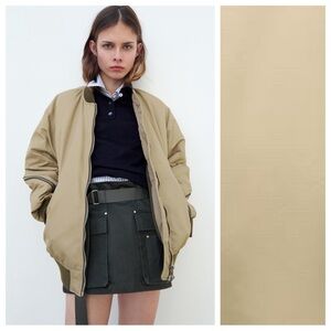 NWT. Zara Light Brown/Beige Oversized Nylon Waterproof Bomber Jacket. Size XS.